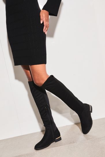 Lipsy Black Extra Wide Fit Flat Long Knee Faux Suedette Boot