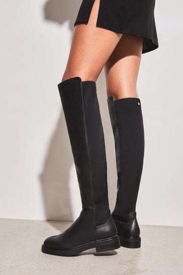 Lipsy Black Faux Leather Flat Faux Leather Knee High Boot