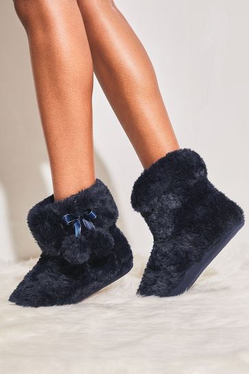 Lipsy Navy Blue Faux Fur Pom Bootie Slippers