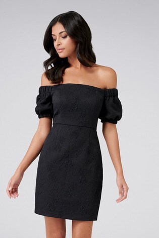 black puff sleeve bardot dress