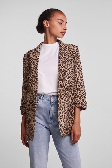 Pieces Leopard Print Relaxed Ruched Sleeve Workwear Blazer