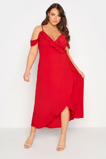 Yours Curve Red London Ruffle Wrap Cold Shoulder Maxi Dress