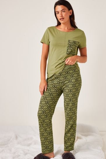 Khaki Green Geometric Next Cotton Short Sleeve Pyjamas