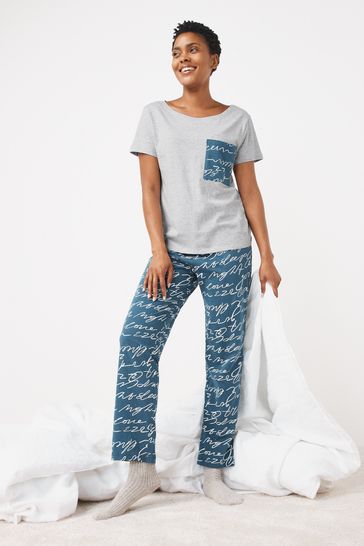 Navy/Grey Script Cotton Blend Short Sleeve Pyjamas