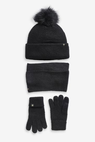 Black Soft Ribbed Hat, Gloves And Scarf Set (3-16yrs)