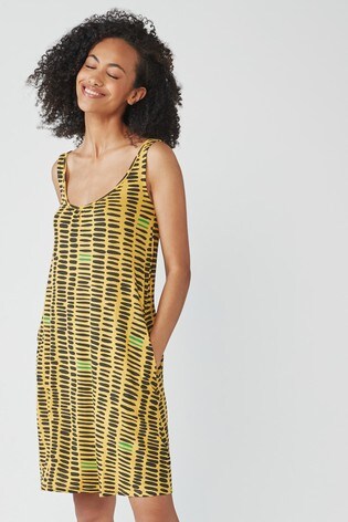 Ochre Yellow Geo Print Sleeveless Pocket Dress