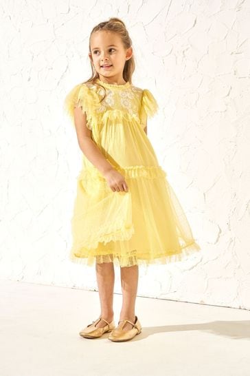 Angel & Rocket Yellow Luisa Embroidered Mesh Dress