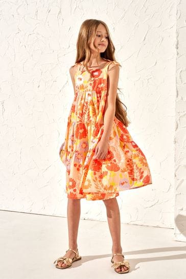 Buy Angel Rocket Julieta Orange Ribbon Strap Print Dress from