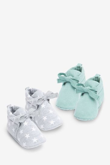 Teal Blue And Grey Stars 2 Pack Cotton Tie Baby Booties (0-18mths)