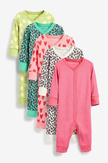 Leopard/Hearts Baby 5 Pack Sleepsuits (0mths-3yrs)
