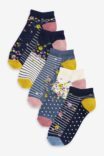 Blue Floral Trainer Socks 5 Pack