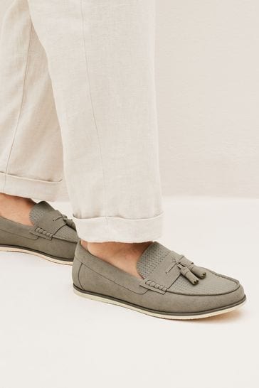 Grey Embossed Tassel Loafers