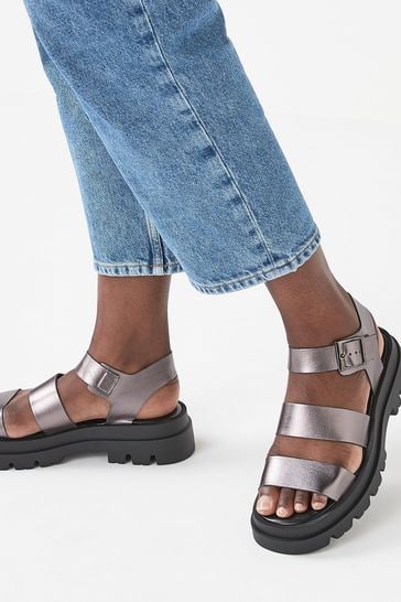 Pewter Chunky Three Strap Buckle Sandals