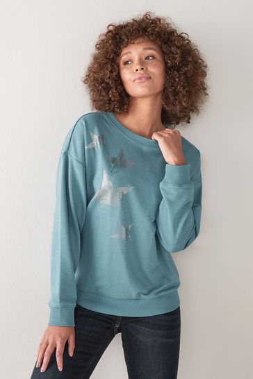 Blue Metallic Star Graphic Sweatshirt