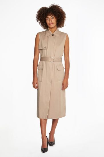 Calvin Klein Camel Brown Utility, Calvin Klein Sleeveless Trench Coat Dress With Sleeves
