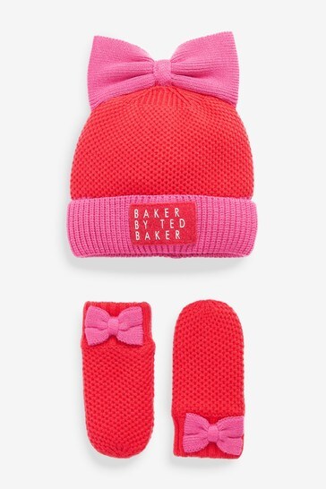 Baker by Ted Baker Red Bow Hat And Mittens Set