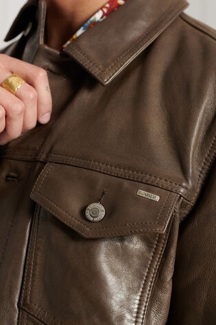 aantal Verkeerd Spectaculair Buy Superdry Brown Leather Workwear Trucker Jacket from Next USA