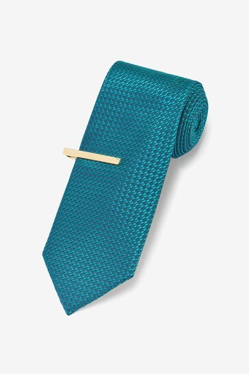 Teal Blue Regular Textured Tie With Tie Clip