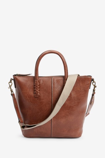 Tan Brown Plait Detail Strap Shopper Bag