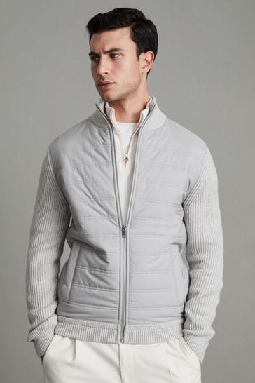 Reiss Soft Grey Trainer Hybrid Quilt and Knit Zip-Through Jacket