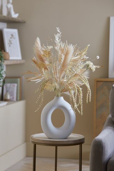 Natural Artificial Dried Flowers In White Donut Vase