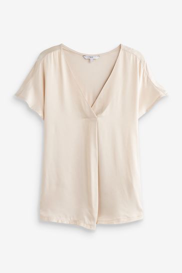 Buy Neutral Champagne Short Sleeve Satin Front V Neck T Shirt from