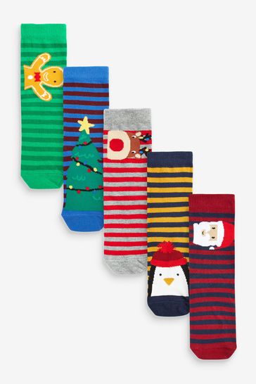 Red/ Blue/ Striped Character 5 Pack Cotton Rich Christmas Socks