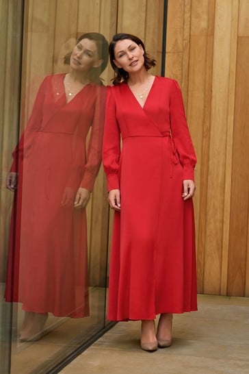 Red Emma Willis Satin Midi Wrap Dress