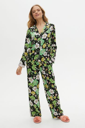 Oliver Bonas Womens Black Razzle Dazzle Floral Shirt, Trouser & Scrunchie Pyjama Set