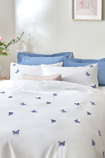 White/Blue Embroidered Butterfly Duvet Cover and Pillowcase Set