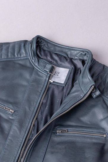 Blue leather clearance biker jacket mens