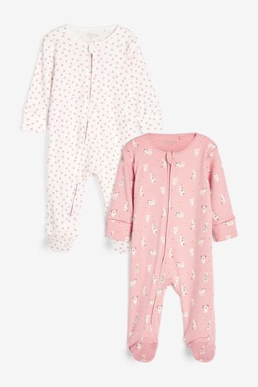 Pink Spot & Bunny 2 pack zip baby sleepsuits (0-2yrs)