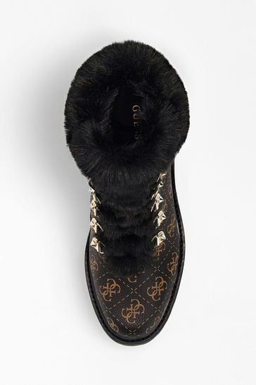 Buy Guess Issa 4G Logo Faux Fur Trim Lace Black Brown Boots from