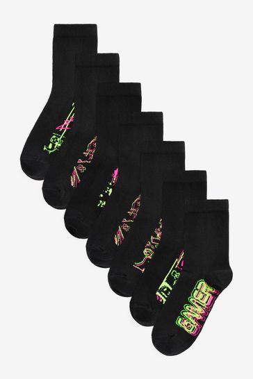 Black Fluro Gamer 7 Pack Cotton Rich Socks