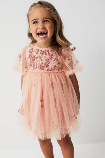 Pale Pink Embroidered Mesh Party Dress 3mths 7yrs