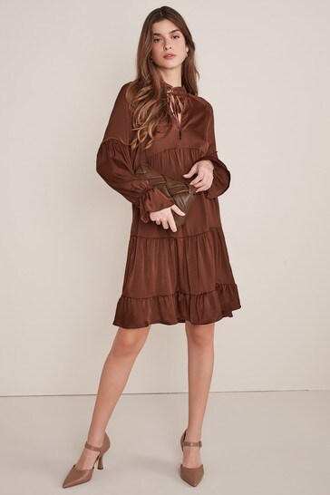 Brown Satin Tiered Mini Dress