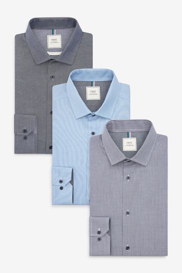 Blue Navy/Check/Grey Plain Regular Fit Single Cuff Shirts 3 Pack