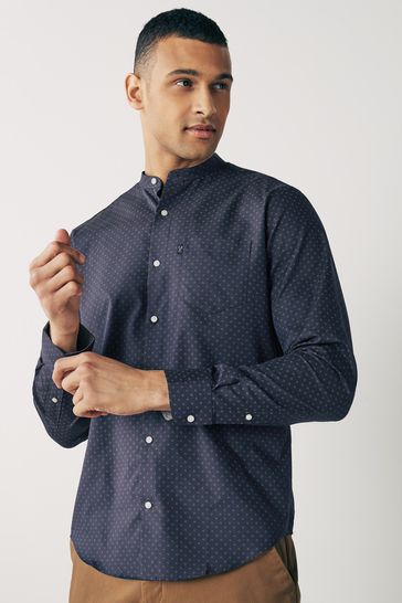 Blue Navy Print Regular Fit Single Cuff Grandad Collar Shirt