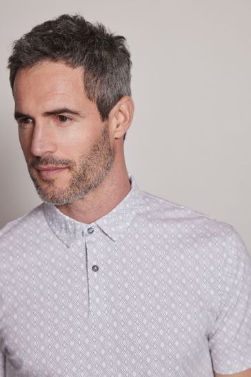 White/Grey Diamond Print Polo Shirt