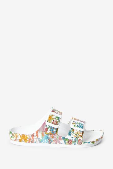 White Floral Double Buckle Sliders
