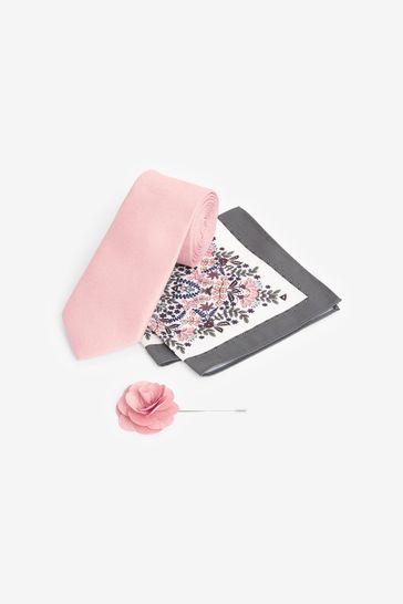 Pink Floral Slim Tie And Pocket Square And Lapel Pin Set