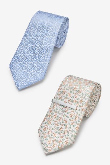 Sage Green/Light Blue Floral Textured Tie With Tie Clip 2 Pack