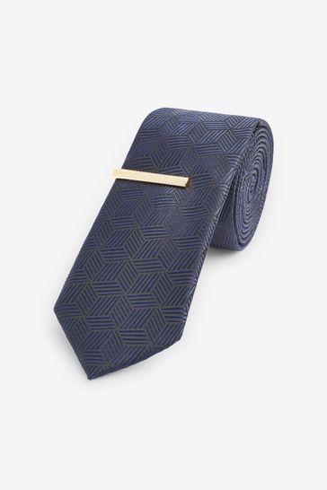 Navy Blue Cube Geometric Slim Pattern Tie With Clip