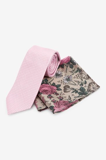 Pink Floral Slim Silk Tie And Pocket Square Set