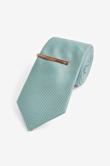 Sage Green Textured Tie And Clip Set
