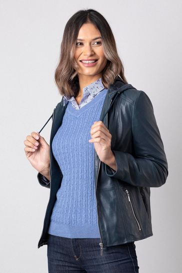 Blue hooded top leather jacket