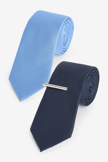 Navy Blue Twill Ties With Tie Clip 2 Pack