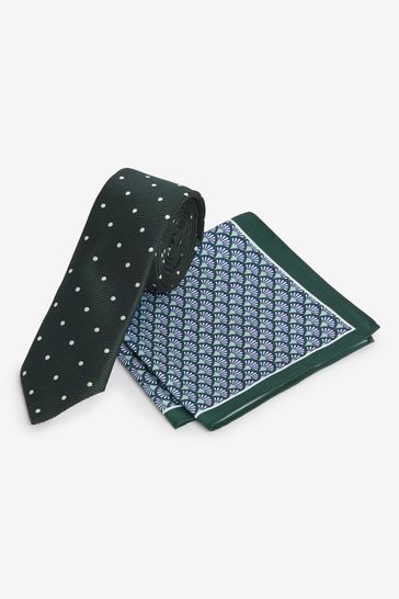 Dark Green Geometric Slim Tie And Pocket Square Set