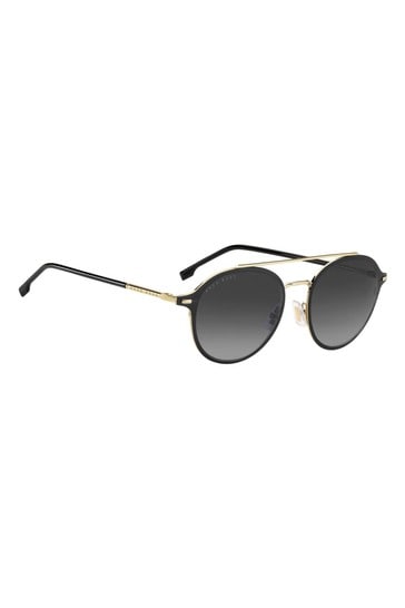 BOSS Black/Gold Gold Round Brow Bar Sunglasses