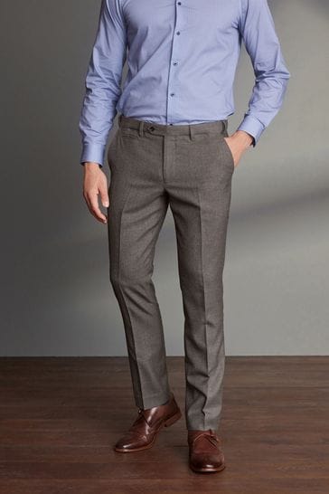 Taupe Brown Slim Fit Signature 100% Wool Trousers With Motion Flex Waistband